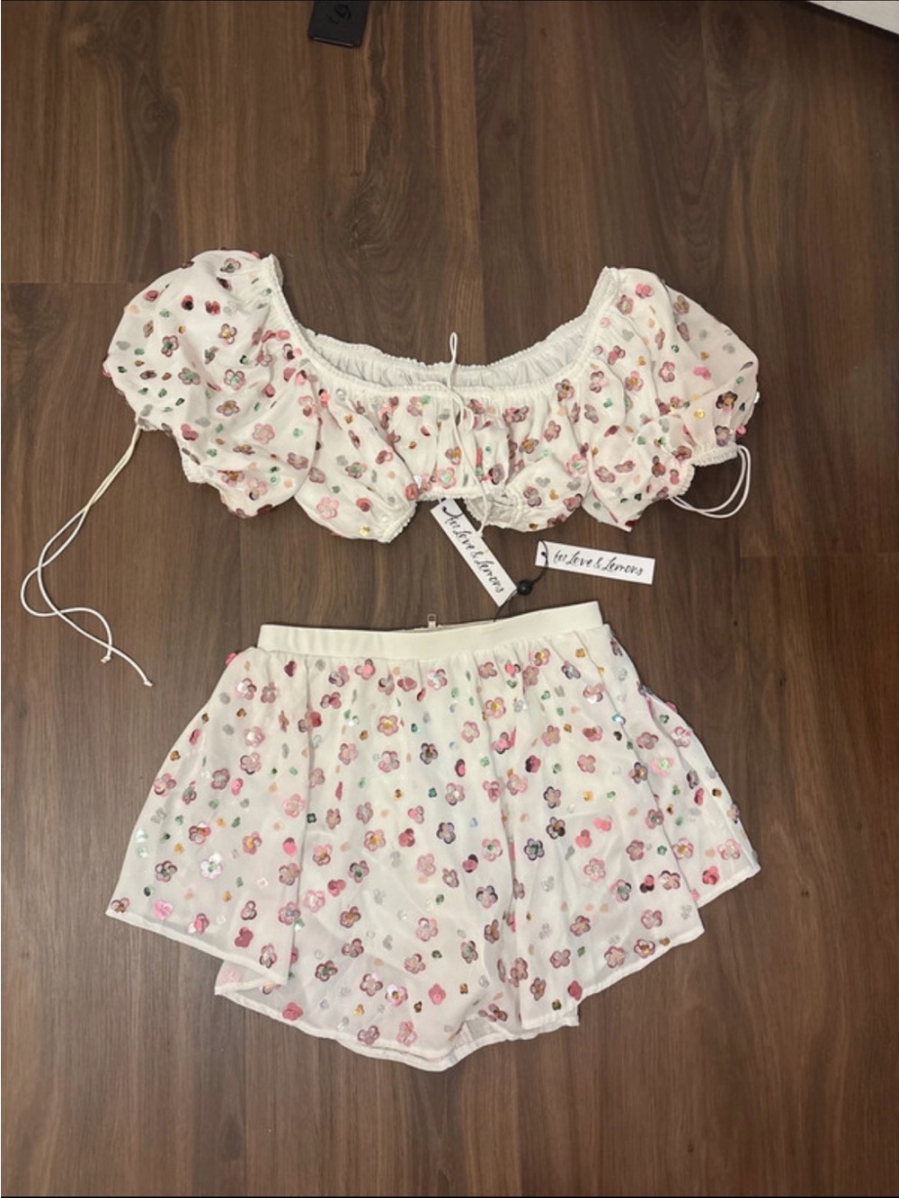 For Love & Lemons White Floral Puff-Sleeve Crop Top and Skort Set